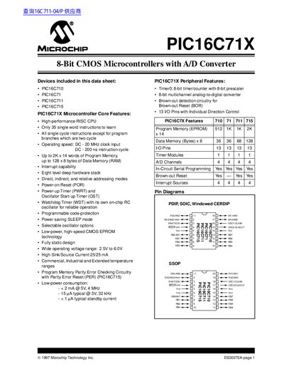 Microchip PIC16C71X Data Sheet - cover page
