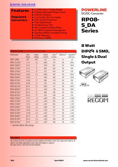 RECOM 8 Watt DIP24 SMD Single Dual Output - cover page