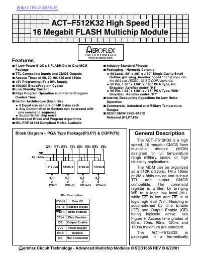 Aeroflex ACT-F512K32 16 Megabit Flash MCM Datasheet - cover page
