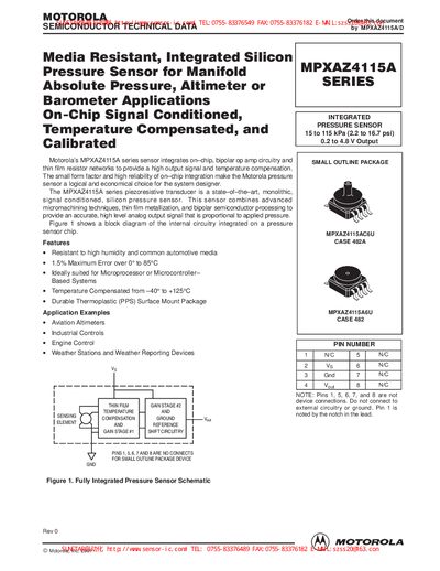 Motorola MPXAZ4115A Integrated Pressure Sensor Datasheet - cover page
