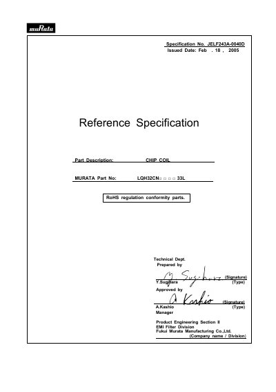 MURATA Specification No. JELF243A-0040D Issued Date: Feb . 18 2005 - cover page