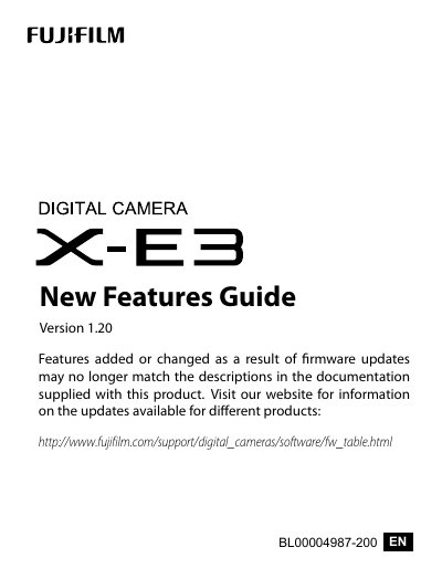 Fuji X-E3 Camera Firmware Version 1.20 New Features Guide - cover page