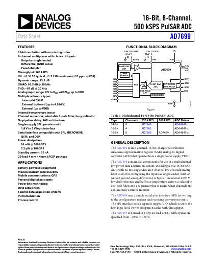 Analog Devices AD7699 16‑Bit 8‑Channel 500 kSPS PulSAR ADC Data Sheet - cover page