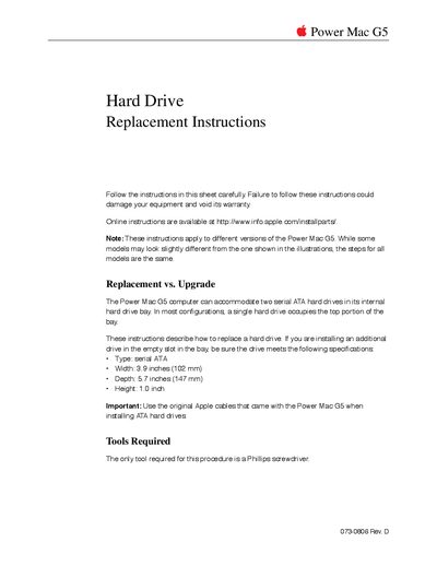 Apple Power Mac G5 Hard Drive Replacement Instructions - cover page