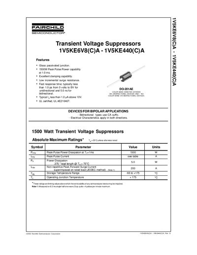 Fairchild 1V5KE6V8(C)A - 1V5KE440(C)A Transient Voltage Suppressor Datasheet - cover page