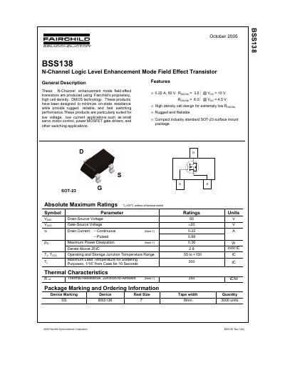 Fairchild Semiconductor BSS138 N-Channel MOSFET Datasheet - cover page