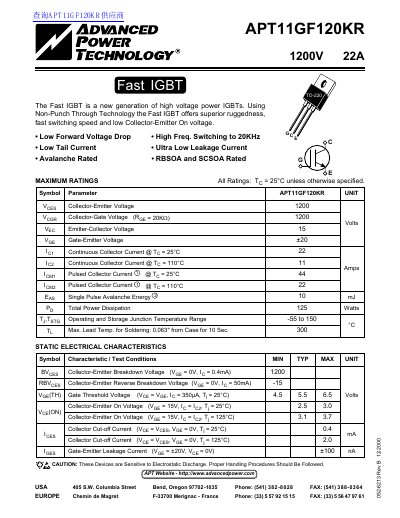 Advanced Power Technology APT11GF120KR Fast IGBT Datasheet - cover page