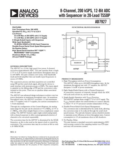 ANALOG DEVICES 8-Channel 200 kSPS 12-Bit ADC with Sequencer in 20-Lead TSSOP AD7927 handbook - cover page
