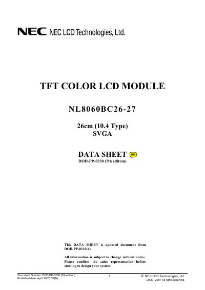 NEC NL8060BC26-27 TFT Color LCD Module Datasheet - cover page