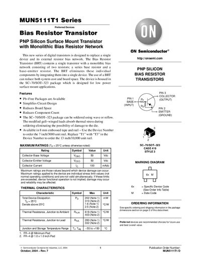ON Semiconductor MUN5111T1 Series Bias Resistor Transistor Datasheet - cover page