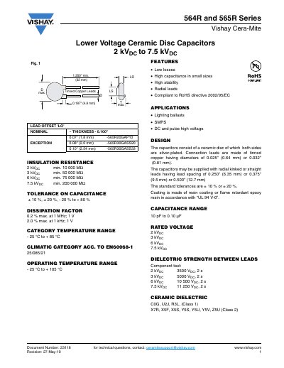 Vishay 564R and 565R Series Ceramic Disc Capacitors Datasheet - cover page