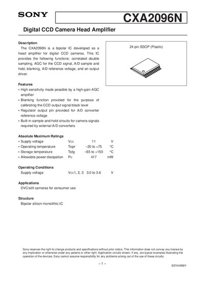 Sony CXA2096N Digital CCD Camera Head Amplifier Datasheet - cover page