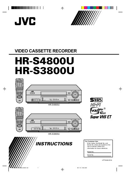 JVC HR‑S4800U / HR‑S3800U Video Cassette Recorder Instructions - cover page