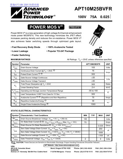 Advanced APT10M25BVFR Power MOSFET Datasheet - cover page