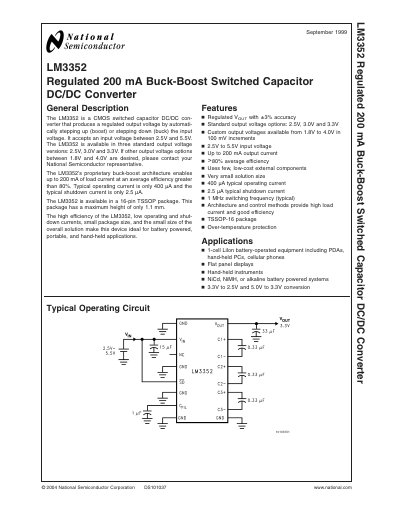 National Semiconductor LM3352 Regulated 200 mA Buck‑Boost Switched Capacitor DC/DC Converter Datasheet - cover page