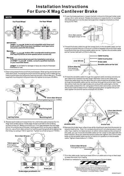 Euro-X Mag Cantilever Brake Installation Guide