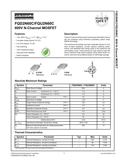 Fairchild Semiconductor FQD2N60C/FQU2N60C 600V N-Channel MOSFET Datasheet - cover page