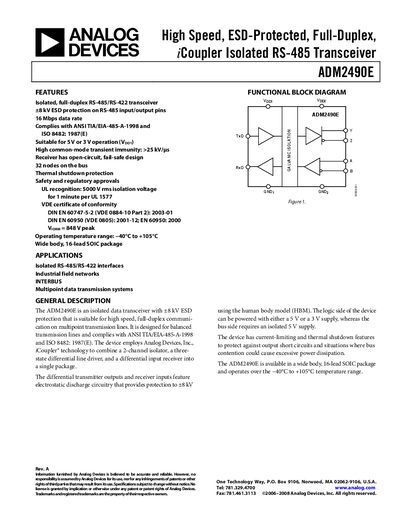 Analog Devices ADM2490E RS-485 Transceiver Datasheet