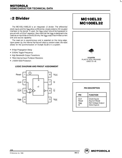 Motorola MC10EL32/MC100EL32 +2 Divider Datasheet - cover page