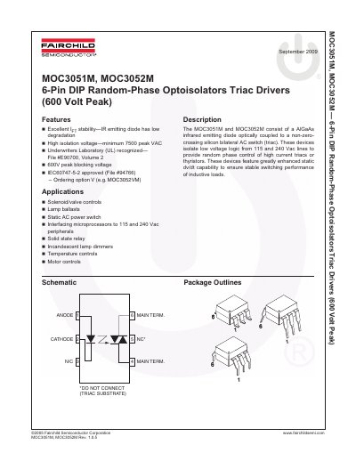 Fairchild Semiconductor MOC3051M, MOC3052M Random-Phase Optoisolators Datasheet