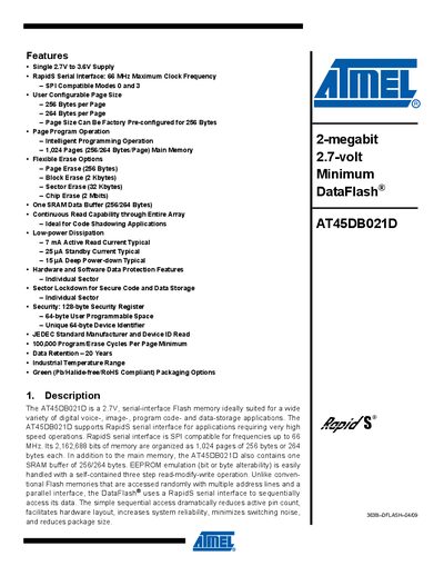 Atmel AT45DB021D Datasheet - cover page