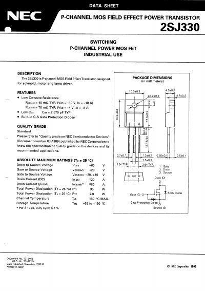 NEC 2SJ330 P-Channel Power MOSFET Datasheet - cover page