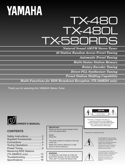 YAMAHA TX-480/-480L/-580RDS OWNER'S MANUAL  - cover page