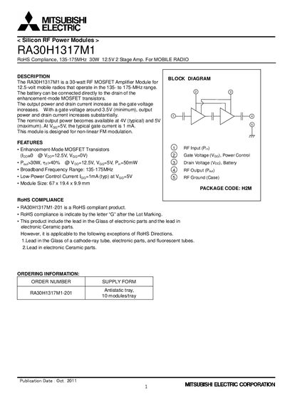 Mitsubishi Electric RA30H1317M1 RF Power Module Datasheet - cover page