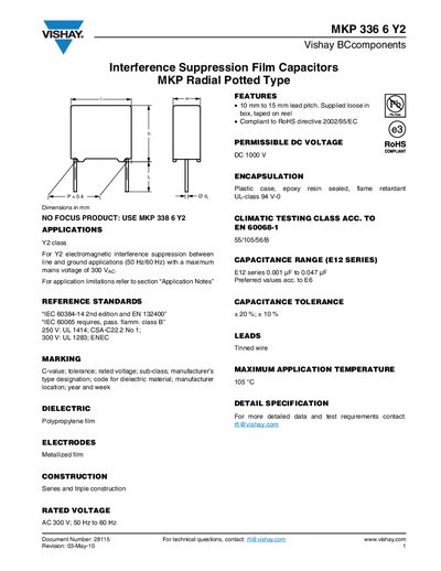 Vishay MKP 336 6 Y2 Interference Suppression Film Capacitor Handbook - cover page