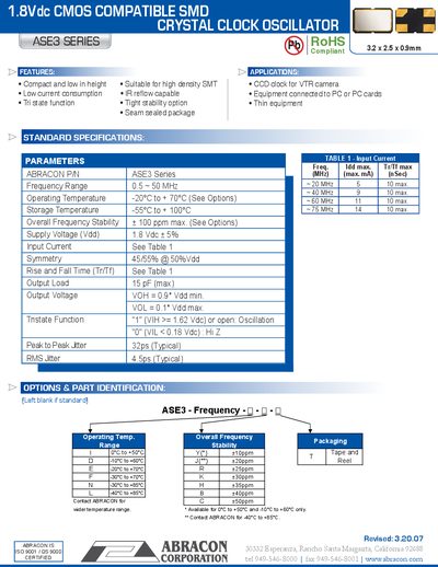 ABRACON ASE3 Series 1.8Vdc CMOS Compatible SMD Crystal Clock Oscillator Datasheet - cover page