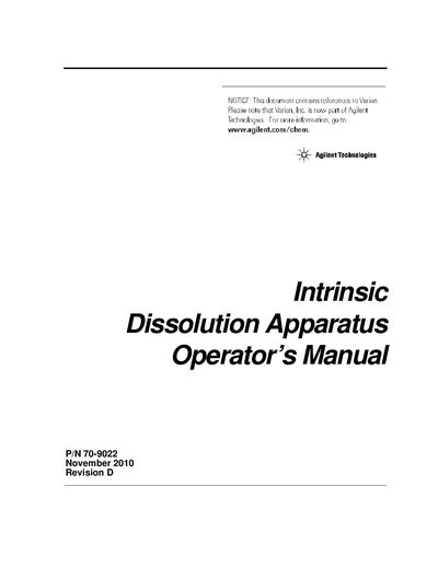 Varian 70-9022 Intrinsic Dissolution Apparatus Operator's Manual - cover page