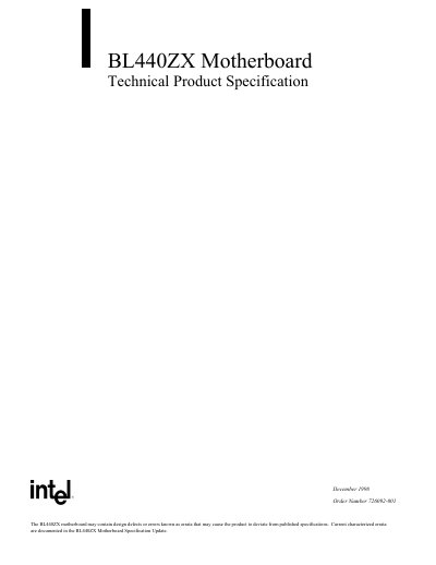 Intel BL440ZX Motherboard Technical Product Specification - cover page