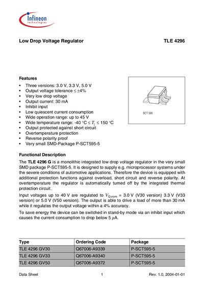 Infineon TLE4296 Low Drop Voltage Regulator Datasheet - cover page