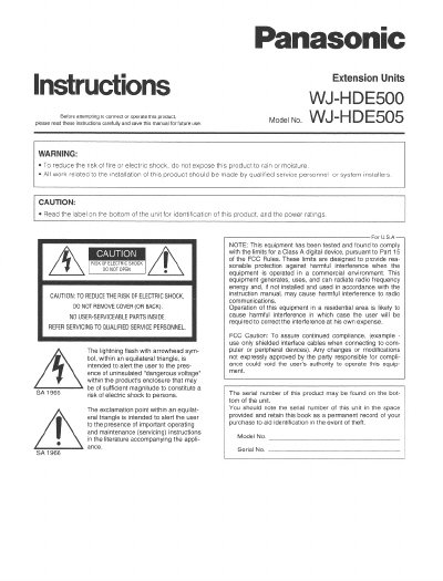 Panasonic WJ-HDE500/WJ-HDE505 Manual - cover page