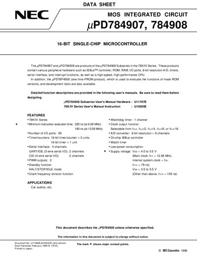 NEC uPD784907, 784908 16-Bit Single-Chip Microcontroller Data Sheet - cover page