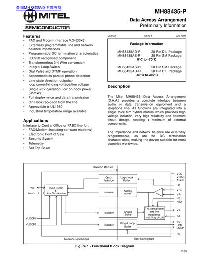Mitel MH88435-P Data Access Arrangement Datasheet - cover page