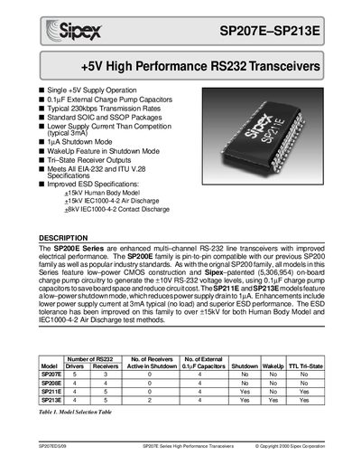 Sipex SP207E-SP213E RS232 Transceivers Datasheet - cover page
