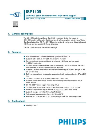 Philips ISP1109 USB Transceiver with Carkit Support Datasheet - cover page