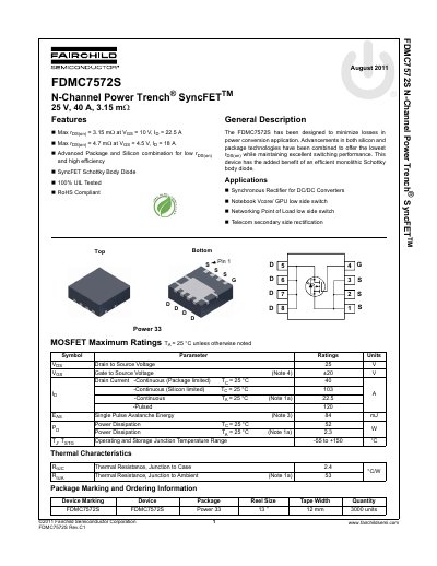 Fairchild Semiconductor FDMC7572S N-Channel Power Trench SyncFET Datasheet - cover page