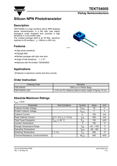 Vishay TEKT5400S Phototransistor Datasheet - cover page