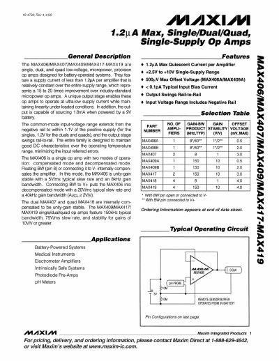 Maxim MAX406/MAX407/MAX409/MAX417/MAX418/MAX419 Operational Amplifier Datasheet - cover page