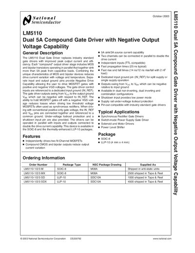 National Semiconductor LM5110 Dual 5A Compound Gate Driver Datasheet - cover page