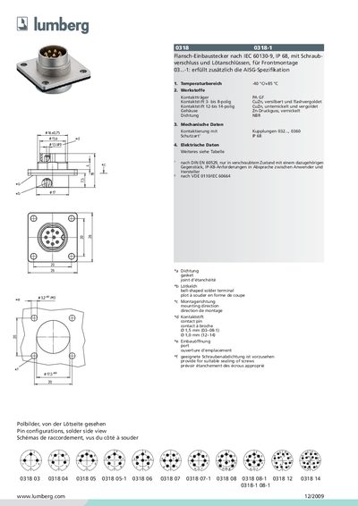 LUMBERG 0318 0318-1 Flansch-Einbaustecker nach IEC 60130-9 IP 68 mit Schraubverschluss und L&ouml;tanschl&uuml;ssen f&uuml;r Frontmontage handbook - cover page