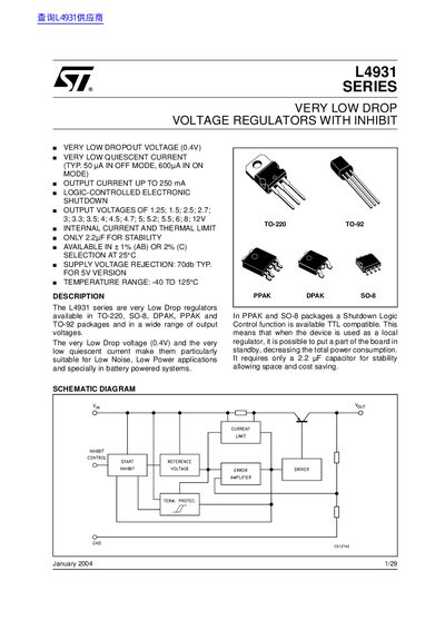 STMicroelectronics L4931 Series Low Dropout Voltage Regulator Datasheet - cover page