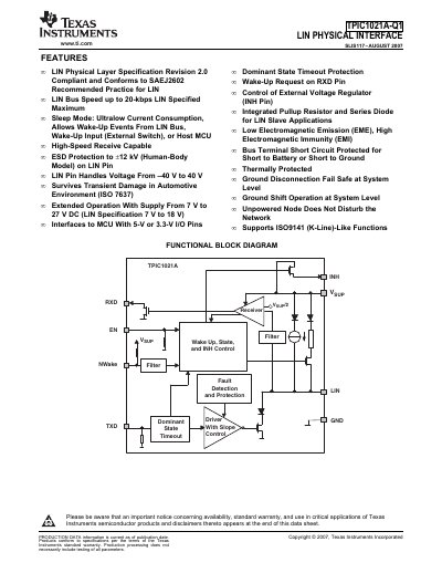Texas Instruments TPIC1021A-Q1 LIN Physical Interface Datasheet