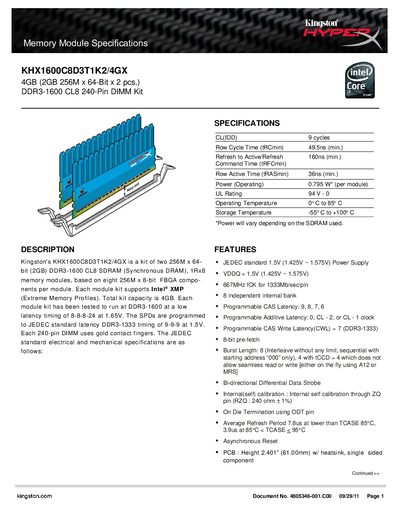 Kingston KHX1600C8D3T1K2/4GX Memory Module Specifications Manual - cover page