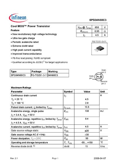 INFINEON 63S Cool MOS Power Transistor Manual - cover page