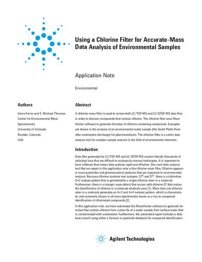 Using a Chlorine Filter for Accurate-Mass Data Analysis of Environmental Samples Application Note - cover page