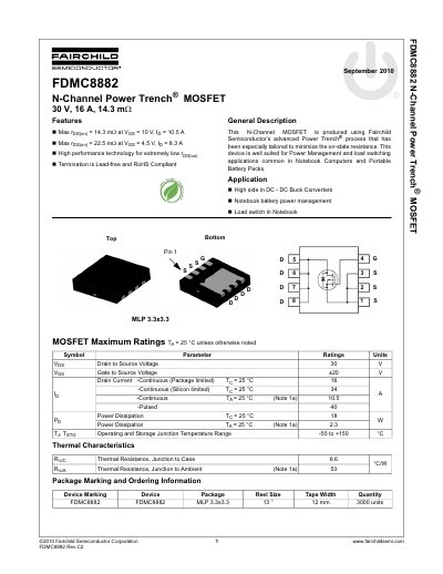 Fairchild Semiconductor FDMC8882 N-Channel Power Trench MOSFET Datasheet - cover page