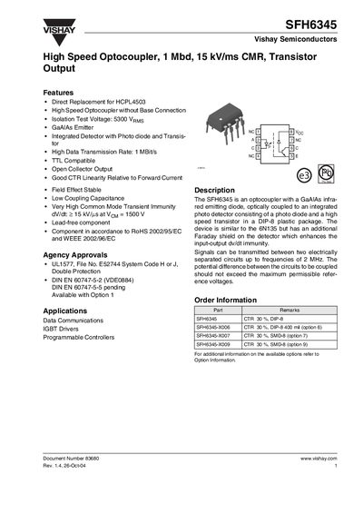 Vishay SFH6345 High Speed Optocoupler Datasheet - cover page